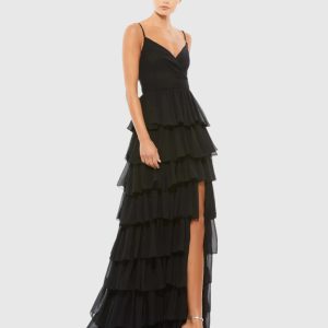 Black V-Neck Sleeveless Gown with Ruffled Skirt