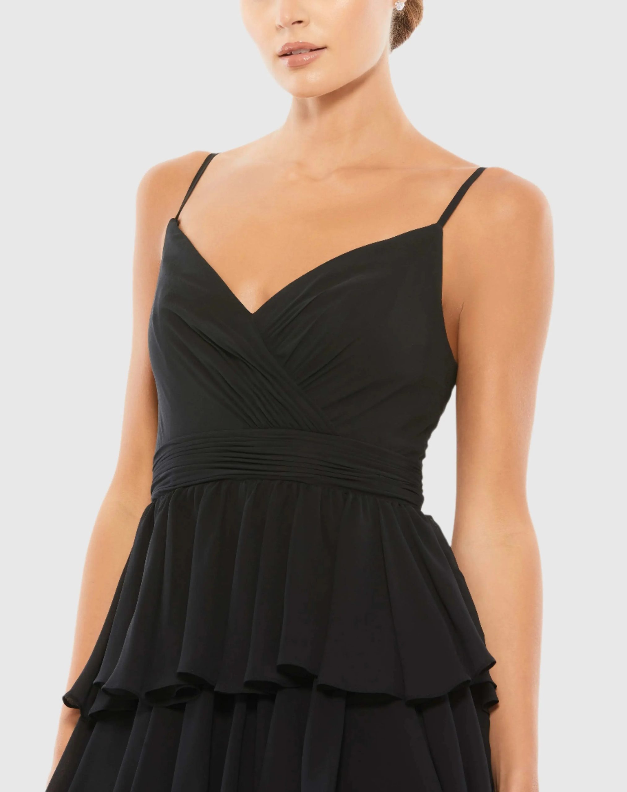 Black V-Neck Sleeveless Gown with Ruffled Skirt - Image 2