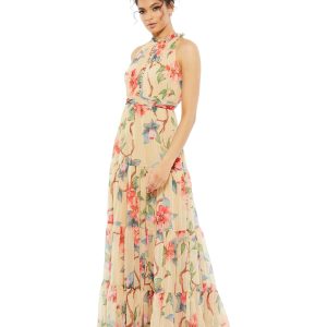 Beige Floral Halter Neck Maxi Dress