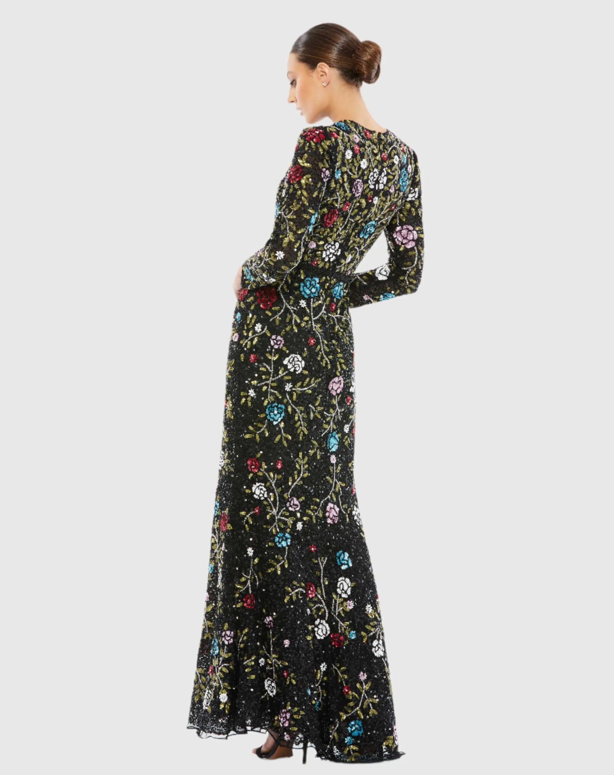Black Floral Embellished Long Sleeve Gown - Image 3