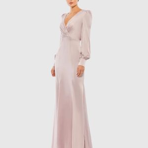 Satin Ruched Bishop Sleeve Gown