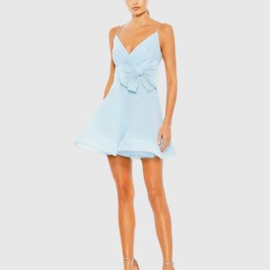 Blue Faux Wrap Bow Detail Flowy Mini Dress