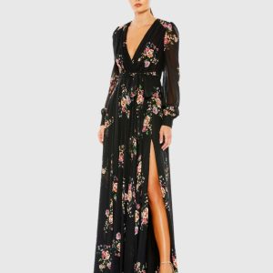 Black Belted Floral Print Illusion Long Sleeve Gown