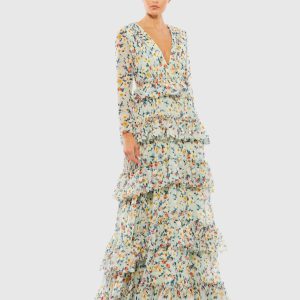 Green Floral Printed Tiered Ruffle Long Sleeve Gown