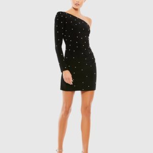 Black Rhinestone Encrusted One Shoulder Long Sleeve Mini Dress