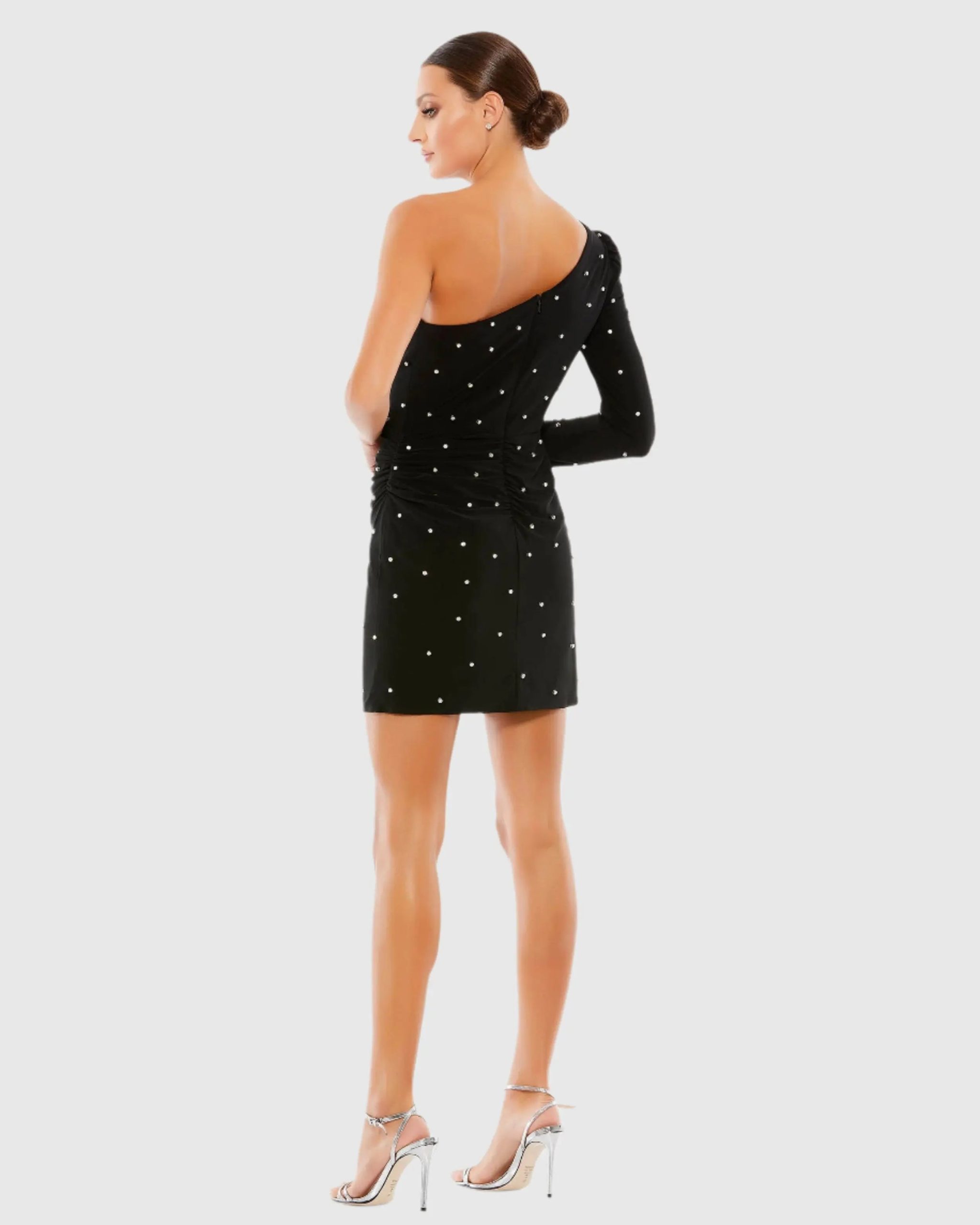 Black Rhinestone Encrusted One Shoulder Long Sleeve Mini Dress - Image 4
