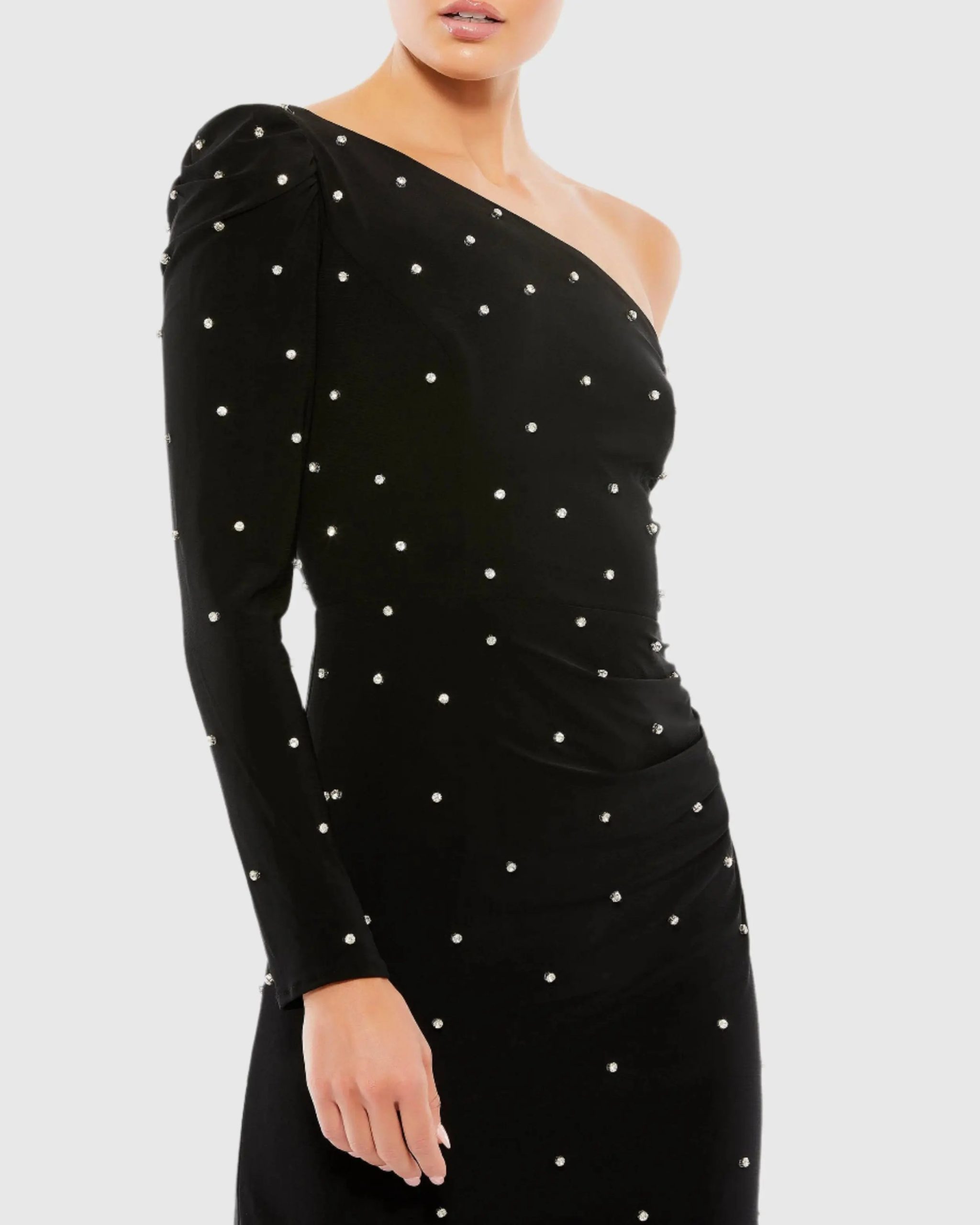 Black Rhinestone Encrusted One Shoulder Long Sleeve Mini Dress - Image 2