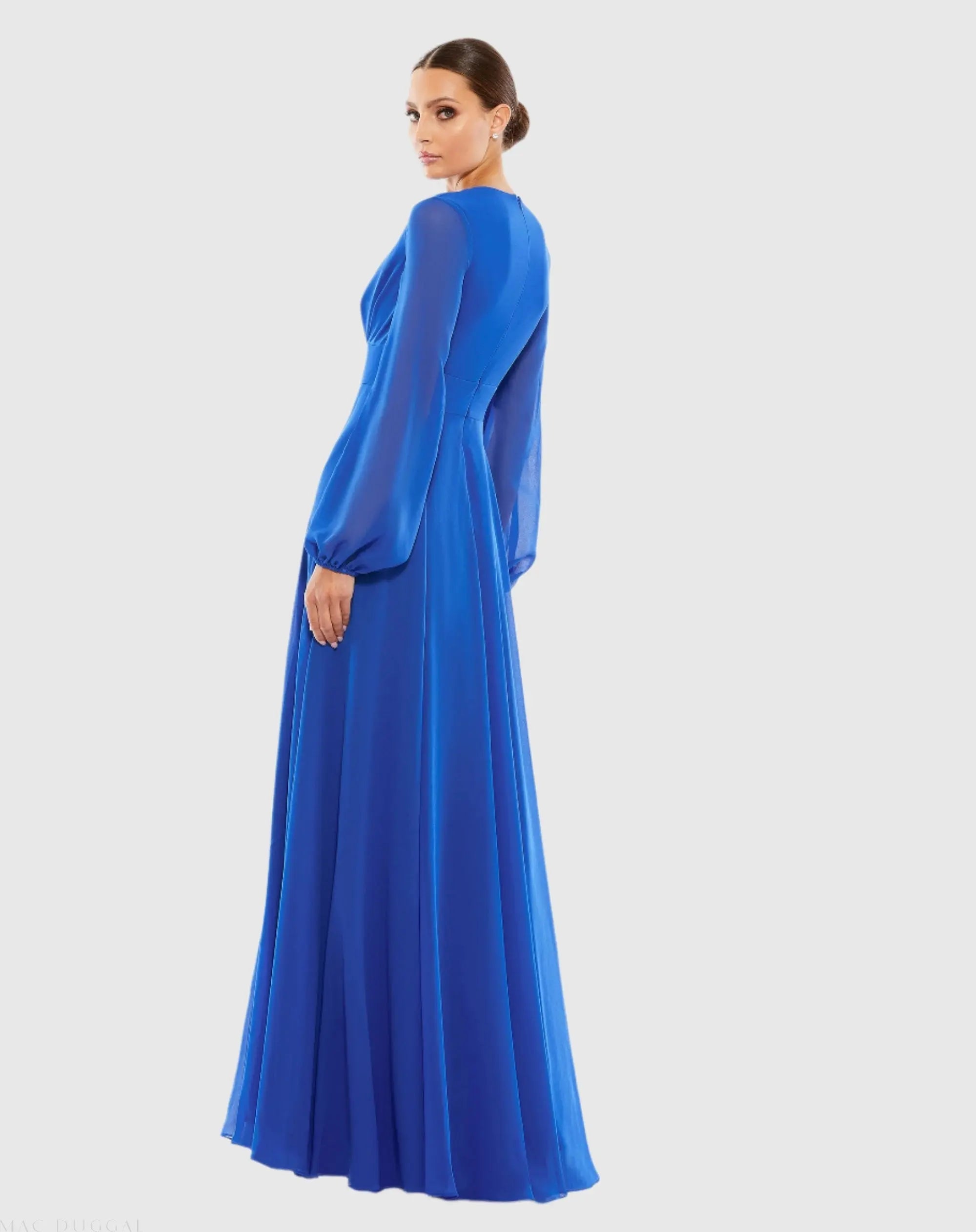 Blue V-Neck Illusion Long Sleeve Chiffon Gown - Image 4