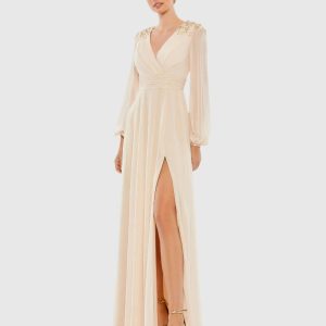 Beige Embellished Shoulder Blouson Sleeve Evening Gown