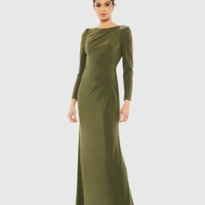 Green Draped Bateau Long Sleeve Trumpet Gown