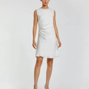 White Rhinestone Neckline Draped Mini Dress