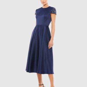 Navy High Neck Cap Sleeve Tea Length Dress