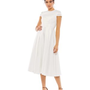 High Neck Cap Sleeve Tea Length Dress