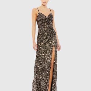 Black and Brown Gathered Waist Sequin Gown