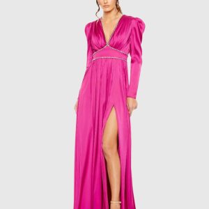 Rhinestone Trim Puff Sleeve Gathered Gown