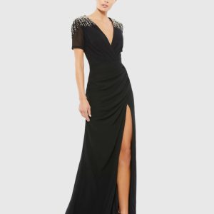 Black Embellished Shoulder Evening Gown