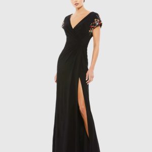 Black Embellished Sleeve Jersey Wrap Gown