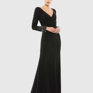 Black Beaded Cuff Long Sleeve Wrap Over Trumpet Gown