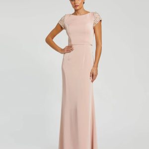 Light Pink Beaded Cap Sleeve Satin Column Gown