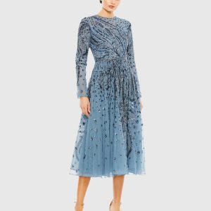 Embellished Illusion High Neck Long Sleeve Dress