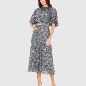 Gray Embellished Cape High Neck Midi Dress