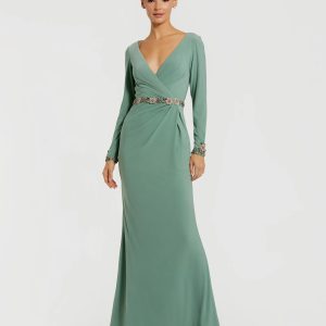 Green Jersey Long Sleeve V Neck Gown With Beaded Belt