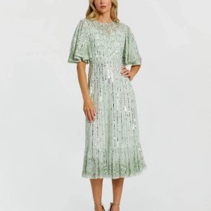 Green Flounce Sleeve Midi Dress
