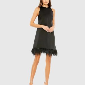 Black Feathered Hem High Neck Sleeveless Trapeze Dress