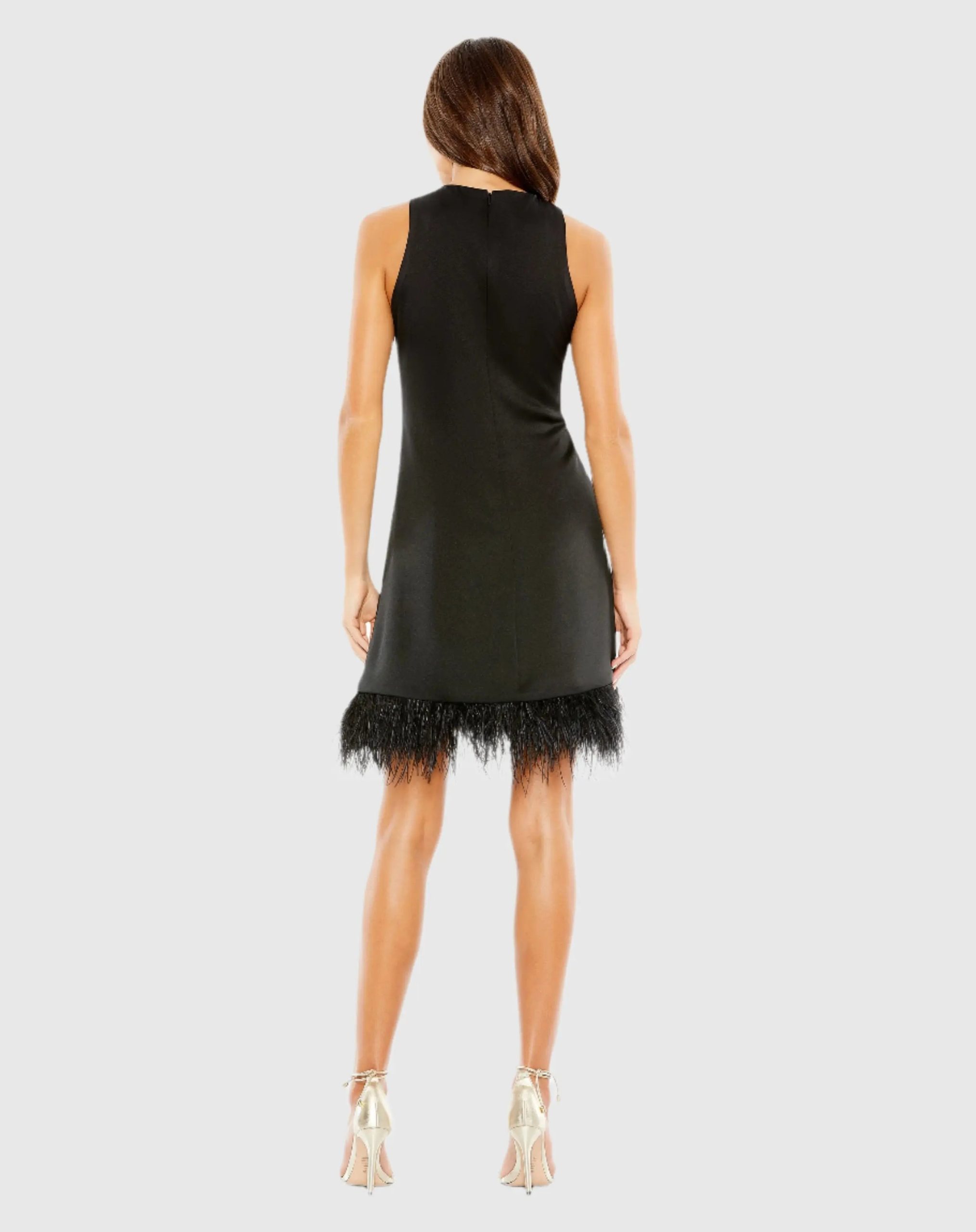 Black Feathered Hem High Neck Sleeveless Trapeze Dress - Image 3