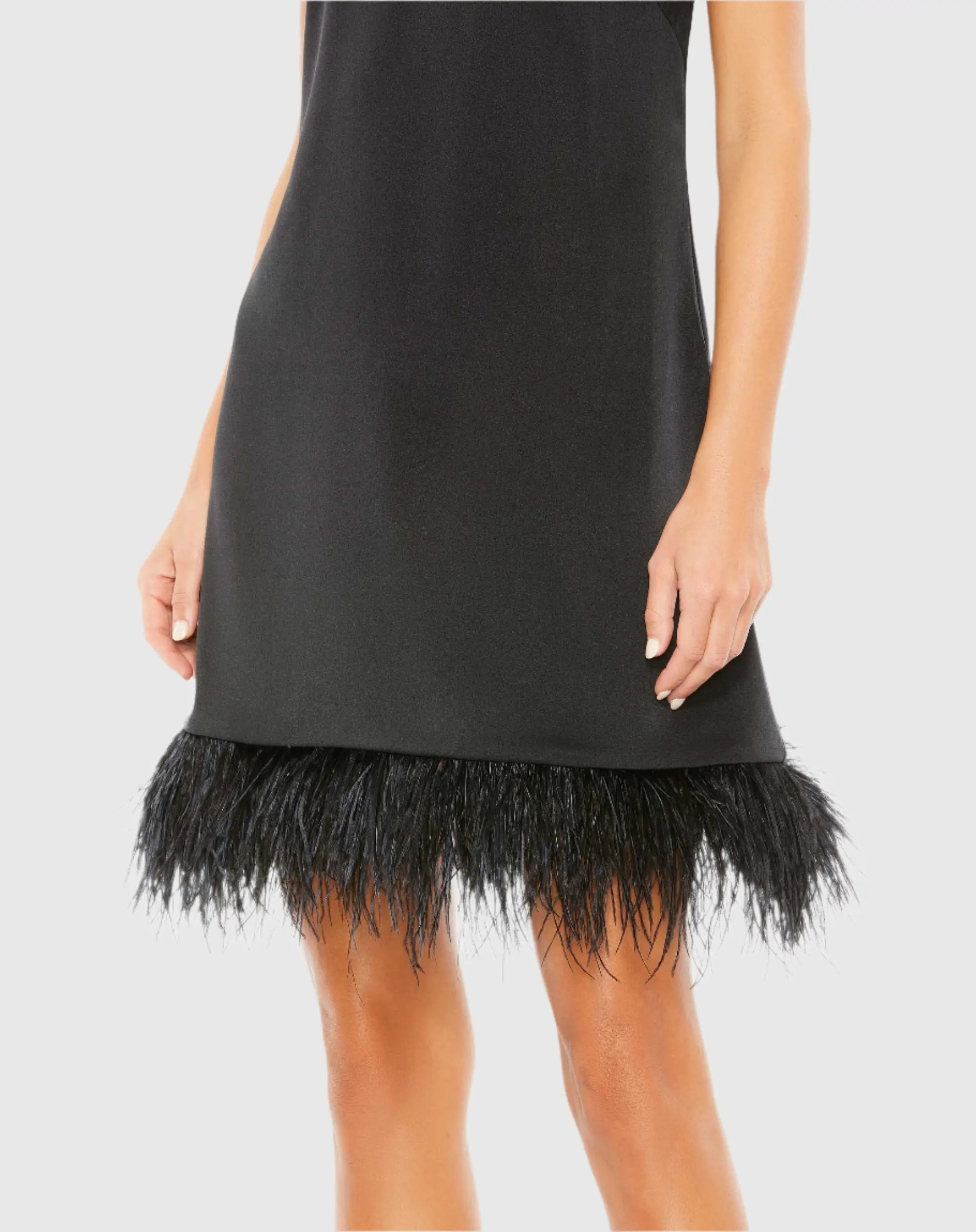 Black Feathered Hem High Neck Sleeveless Trapeze Dress - Image 2