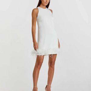 White Feathered Hem High Neck Sleeveless Trapeze Dress