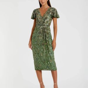 Green Embellished Faux Wrap Flutter Sleeve Dress