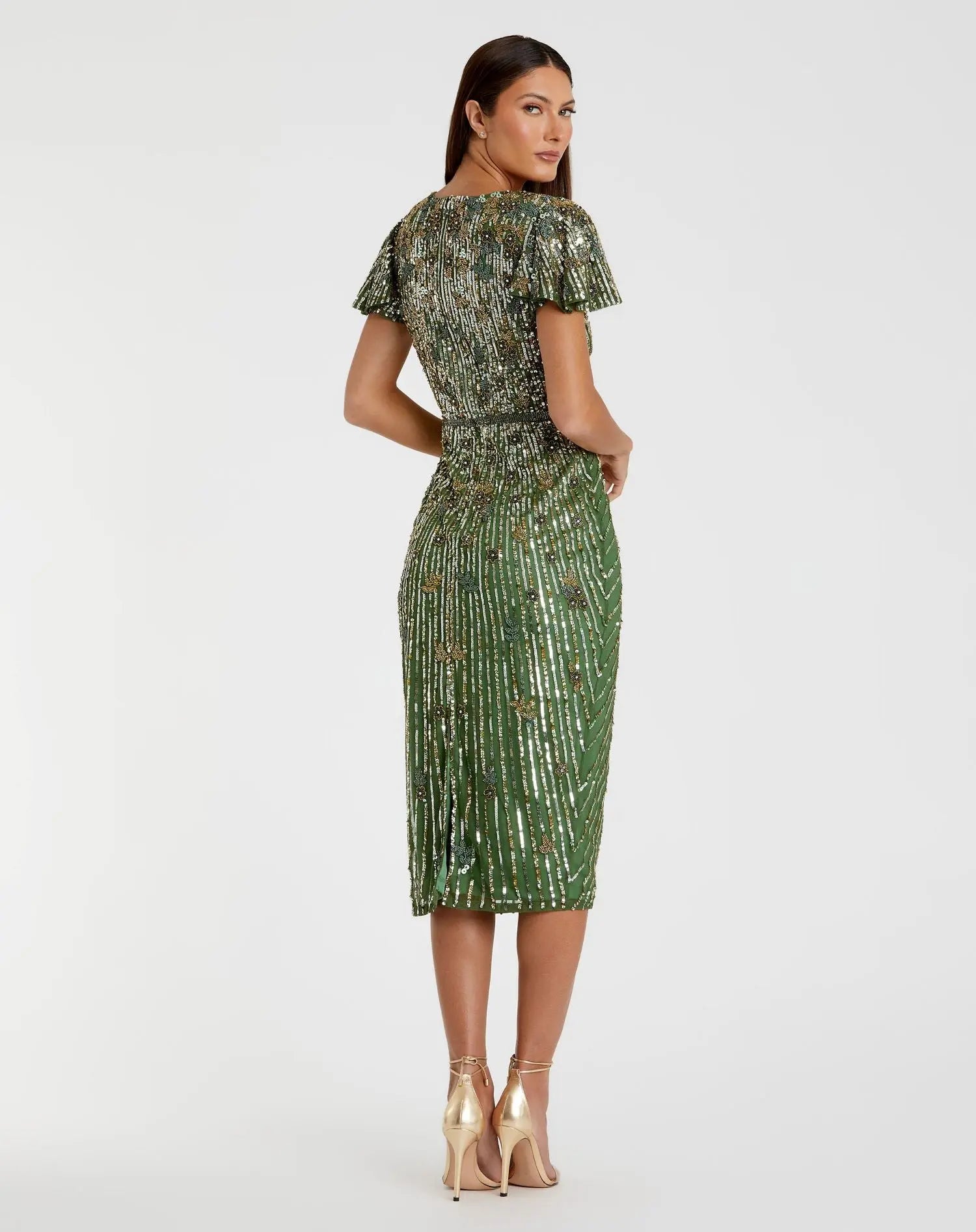 Green Embellished Faux Wrap Flutter Sleeve Dress - Image 3