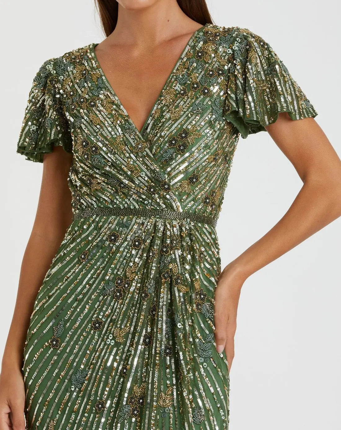 Green Embellished Faux Wrap Flutter Sleeve Dress - Image 2