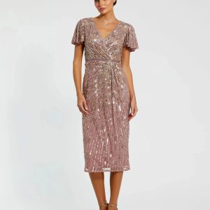 Purple Embellished Faux Wrap Flutter Sleeve Dress