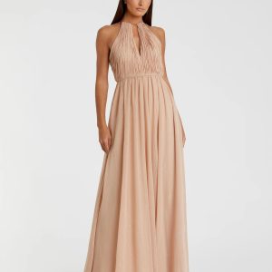 Beige Chain Trim Keyhole Halter Neck A Line Gown