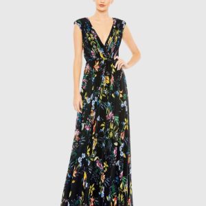 Multicolor Pleated Floral Cap Sleeve A Line Gown