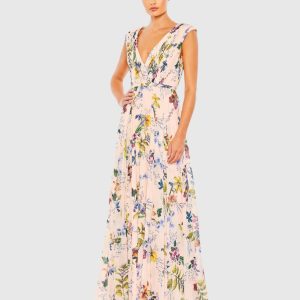 Pink Multicolor Pleated Floral Cap Sleeve A Line Gown