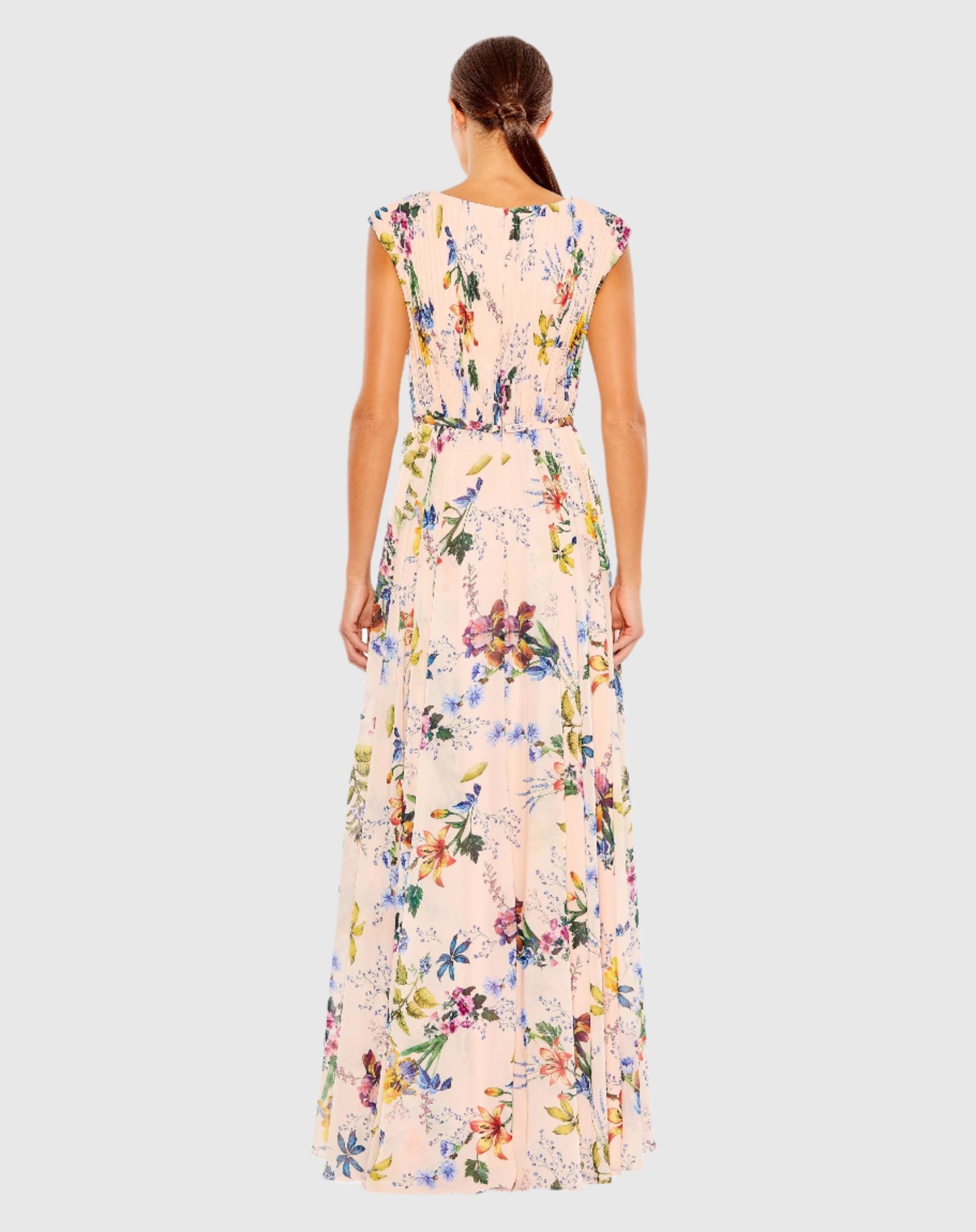 Pink Multicolor Pleated Floral Cap Sleeve A Line Gown - Image 3