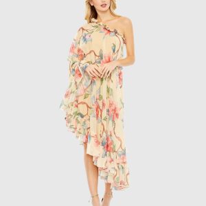 Beige Floral Print One Shoulder Cape Dress