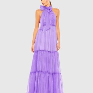 Ruched Tiered High Neck Bow A Line Gown