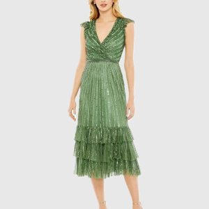 Green Sequined Wrap Over Cap Sleeve Ruffle Hem Dress