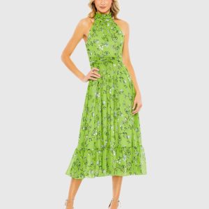 Green Floral Print High-Neck A-Line Midi Dress