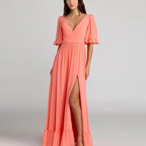 Pink Faux Wrap Ruffle Trim A-Line Gown