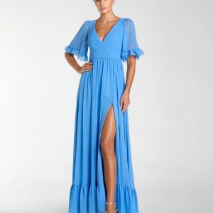 Blue Faux Wrap Ruffle Trim A-Line Gown