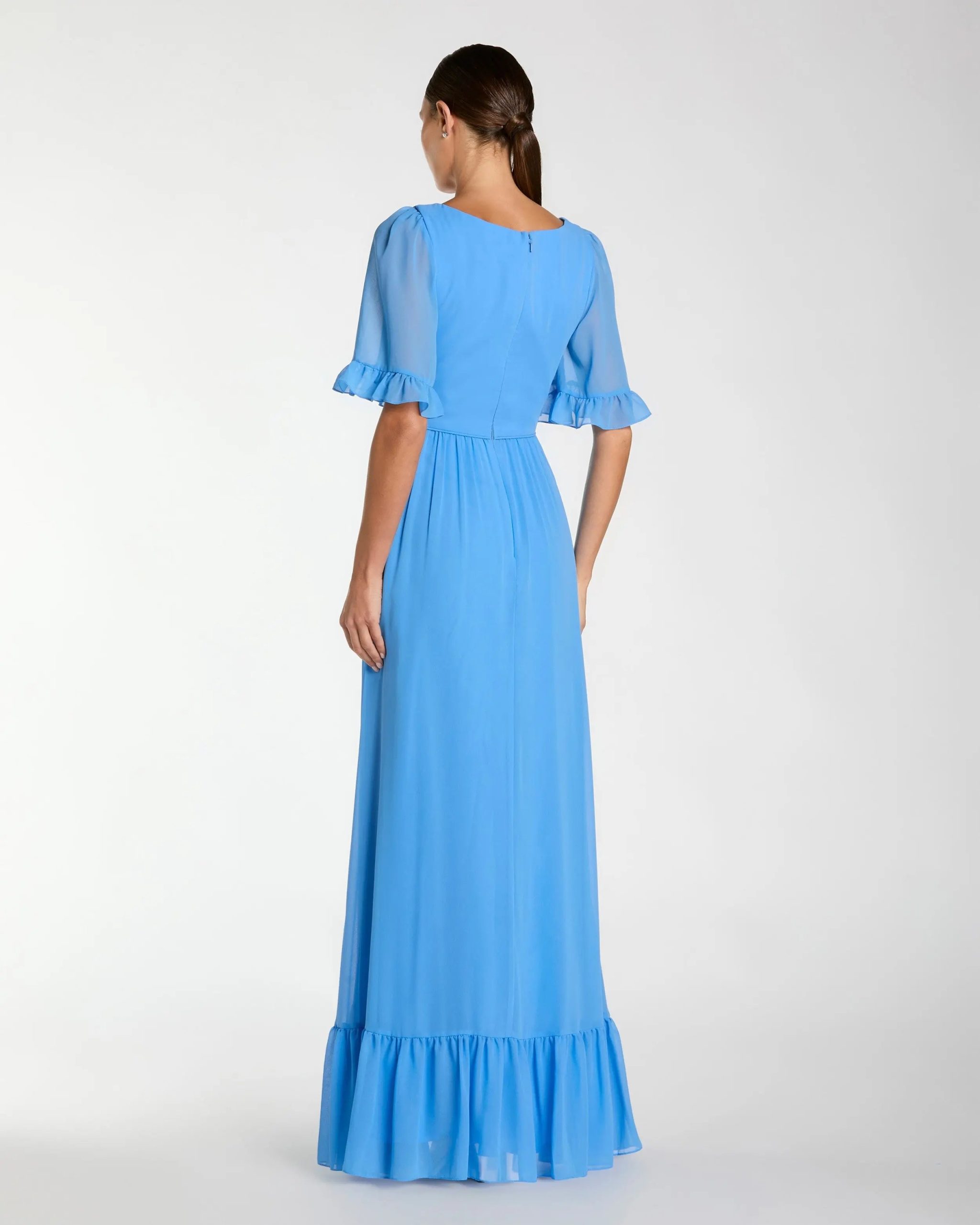 Blue Faux Wrap Ruffle Trim A-Line Gown - Image 3