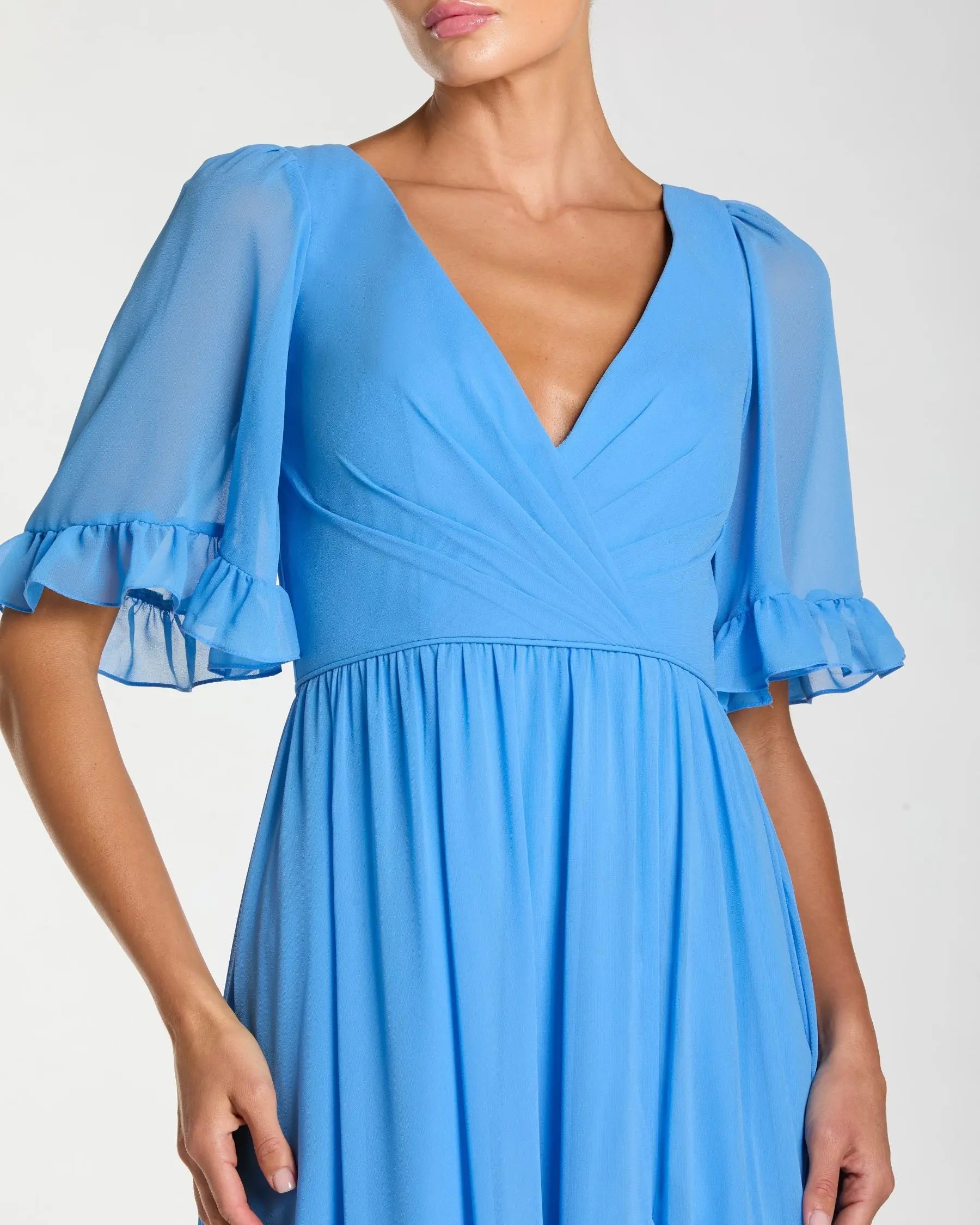 Blue Faux Wrap Ruffle Trim A-Line Gown - Image 2