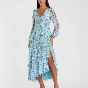 Blue Puff Sleeve Floral Printed Dress