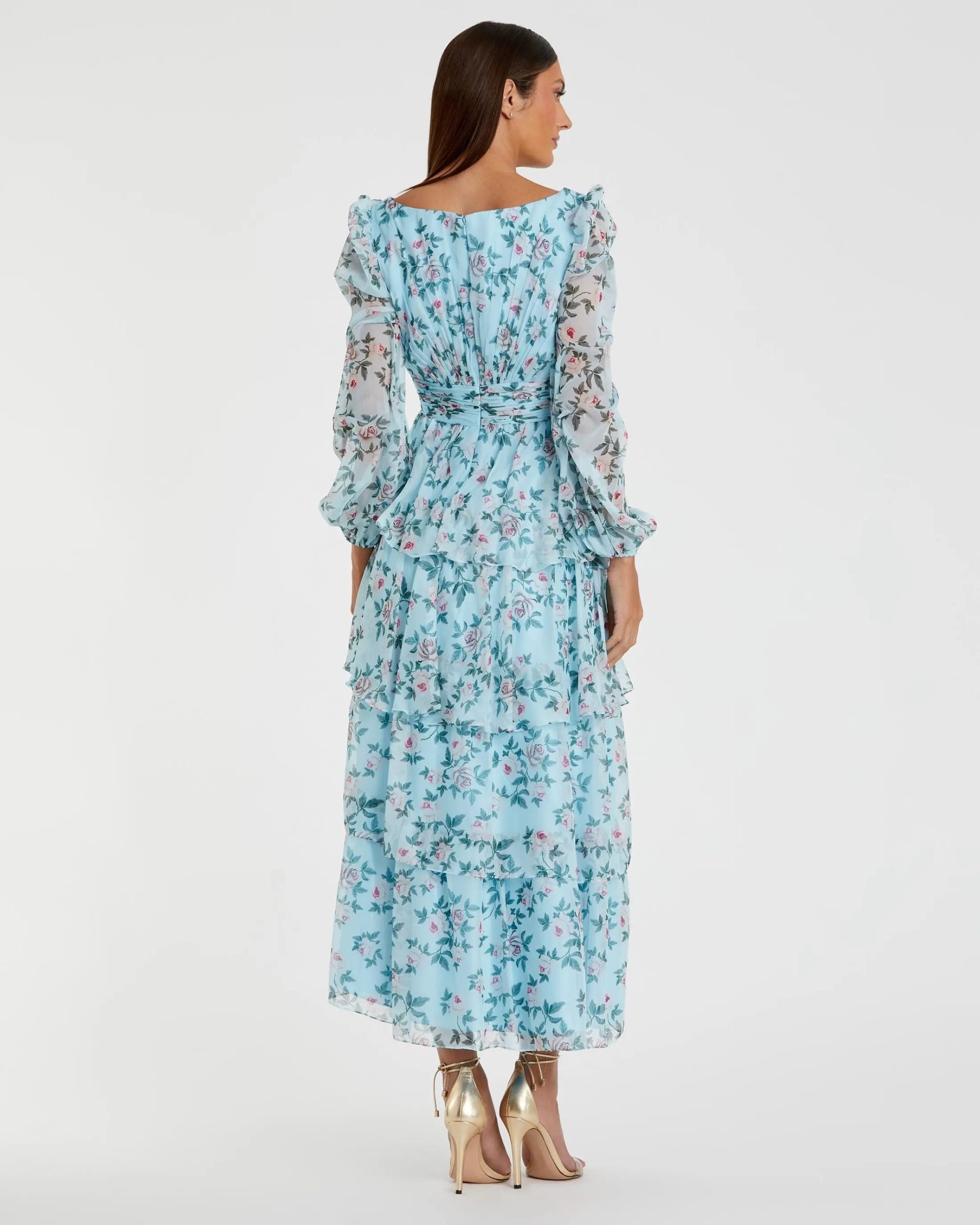 Blue Puff Sleeve Floral Printed Dress - Image 3