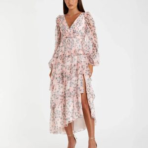 Pink Puff Sleeve Floral Printed Dress